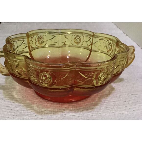 Sunset Red Amberina Candy Dish with Handles 8" Round Scalloped Edge - Picture 4 of 6